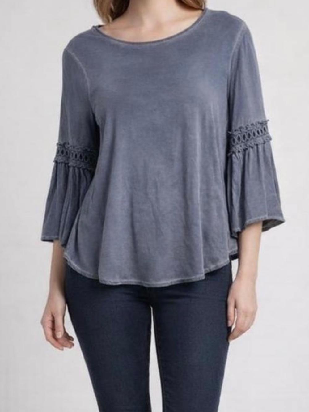 Women's Boho Festival Chambray Blue Bell Sleeve Top Crochet Trim